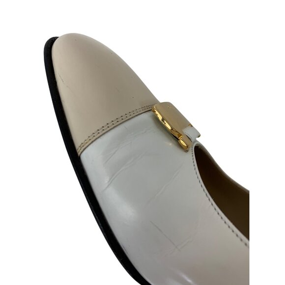 Ferragamo White Beige Leather Heels Low Chunky 1.5" Heel Italy Size 6AA I10067 - Picture 11 of 13
